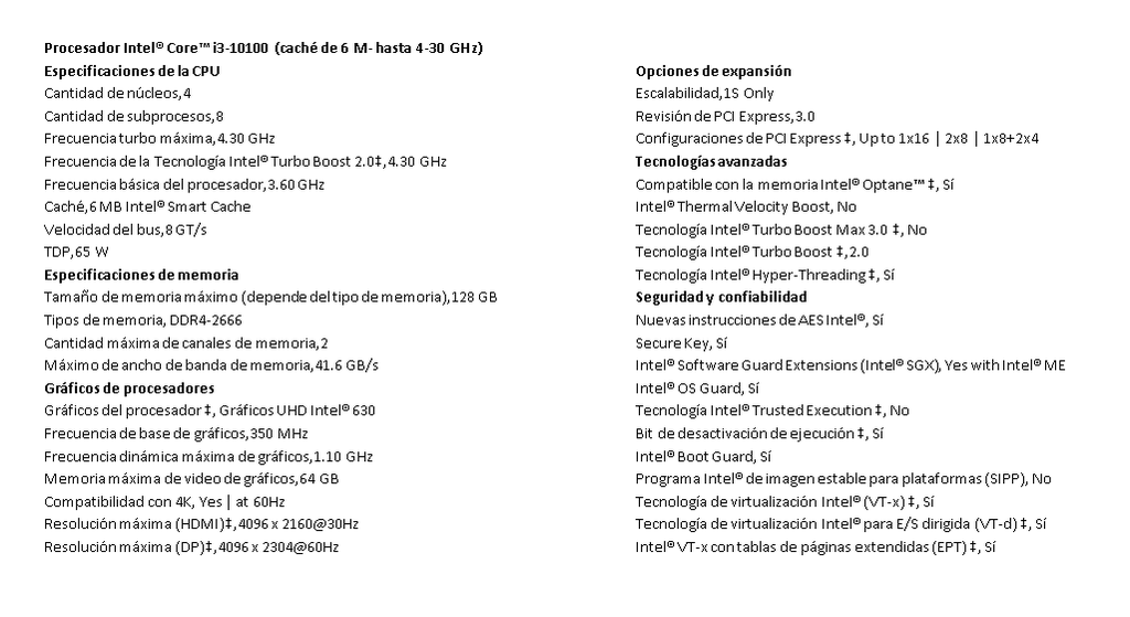 Procesador Intel Core i3-10100 3,6Ghz up to 4,3GHz LGA1200 10MA GENERACIÓN