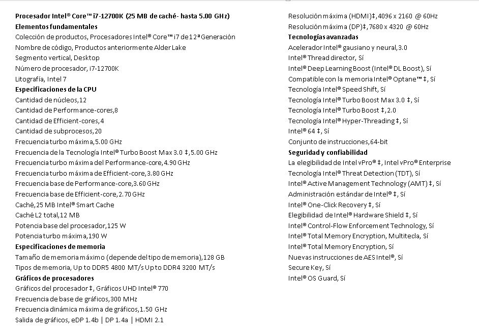 Procesador Intel Core I7-12700k 12gen 2.70-5.00ghz 12nucleos 20hilos 25mb Ddr5-4800 Novent Lga1700