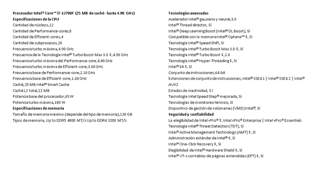 Procesador Intel Core i7 12700F - 2.1 GHz up to 4,9 GHz  - 12 núcleos - 20 hilos - 25 MB caché - LGA1700 Socket - Power Base/Turbo  65W/180W - Caja 12Va Generacion