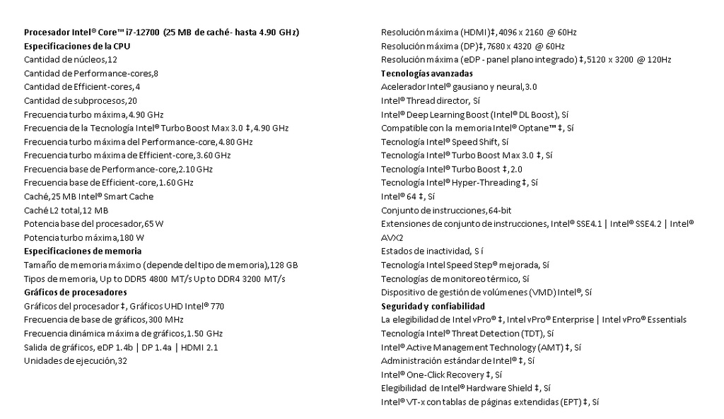 Procesador Intel Core i7 12700 - 2.1 GHz up to 4,9 GHz  - 12 núcleos - 20 hilos - 25 MB caché - LGA1700 Socket - Power Base/Turbo  65W/180W - Caja 12Va Generacion
