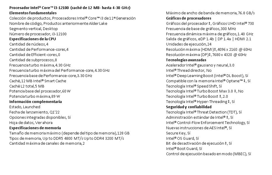 Procesador Intel Core i3 12100 - 3.3 GHz - 4 núcleos - 8 hilos - 12 MB caché - LGA1700 Socket - Caja