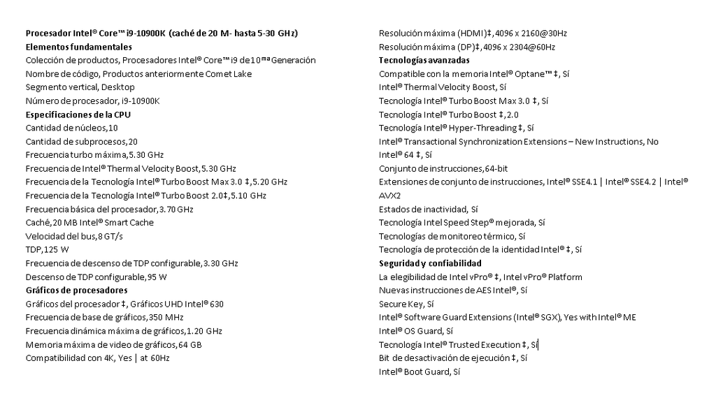 Proc. Intel Core I9-10900k 10magen 3.7ghz up to 5,30GHz  20mb 10core 20threads Ddr4-2933 Lga1200 Nf