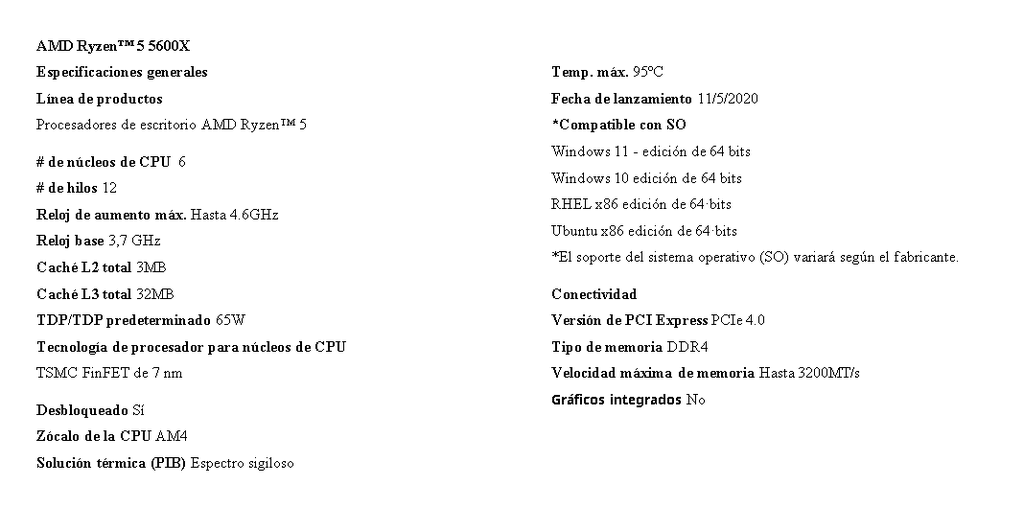 Procesador Amd Ryzen 5 5600x 3.7ghz 6core 12hilos 32mb Am4 Cache 65w 7nm Box Sin Video