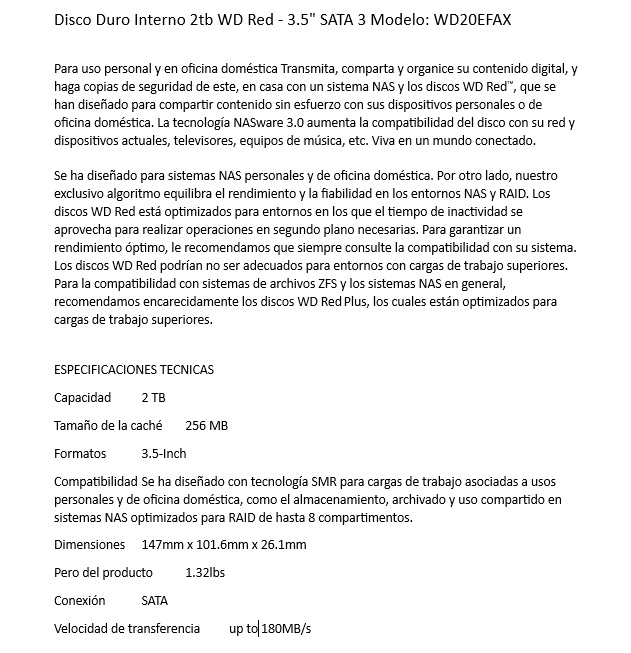 Disco Duro Interno 2tb WD Red - 3.5" SATA 3 Modelo: WD20EFAX