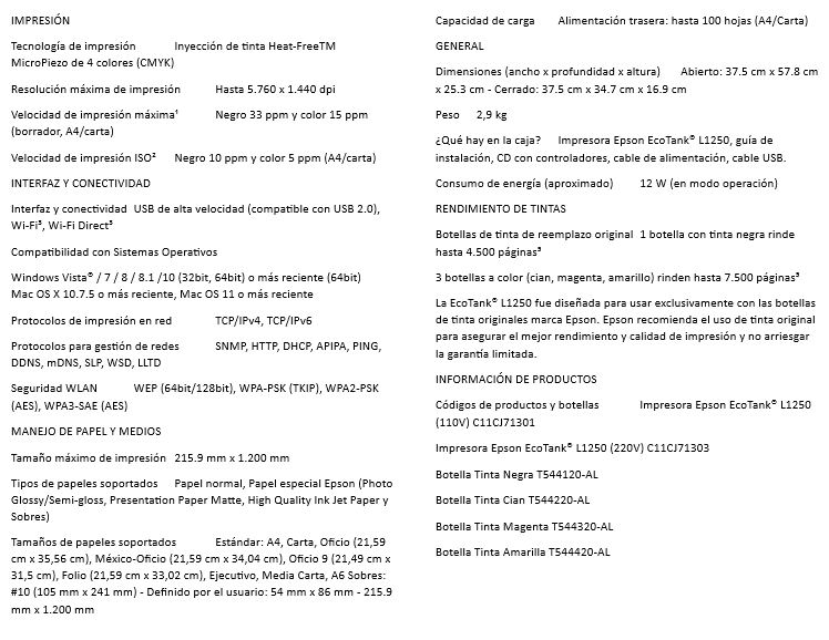 Impresora Epson L1250 SINGLE FUCTION WIFI CON SMART PANEL MULTIFUNCION  