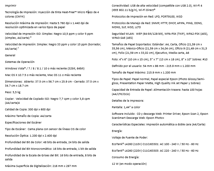 Impresora Epson L4260 Ecotank Multif. 4 Colores 33PPM Negro 15PPM USB Wifi Duplex