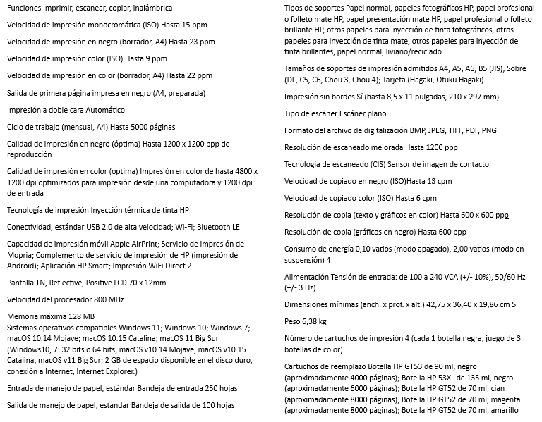 Impresora HP Color Multif Smart Tank 720 Wireless Usb2,0 Wifi Bluetooth 4800x1200dpi Negro