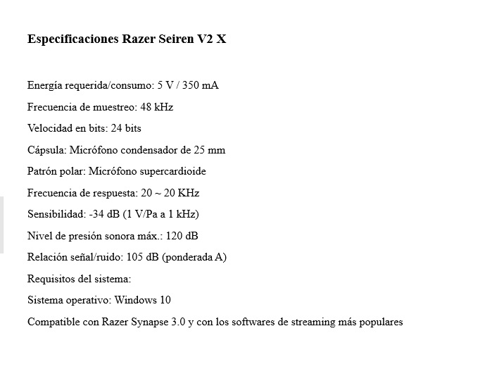 Microfono Razer Seiren V2 X USB Condensador 25mm Certificado para Streaming Supercardioide Ultrapreciso Black PN RZ19-04050100-R3U1