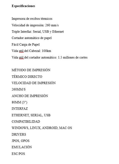 IMPRESORA 3NSTAR RPT008 TERMICA. LAN ETHERNET / USB / SERIAL. CORTADOR AUTOMATICO. ANCHO 79,50MM