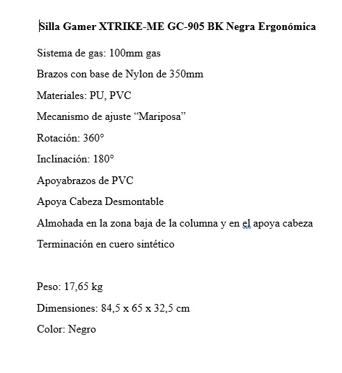 Silla Gamer XTRIKE-ME GC-905 BK Negra Ergonomica