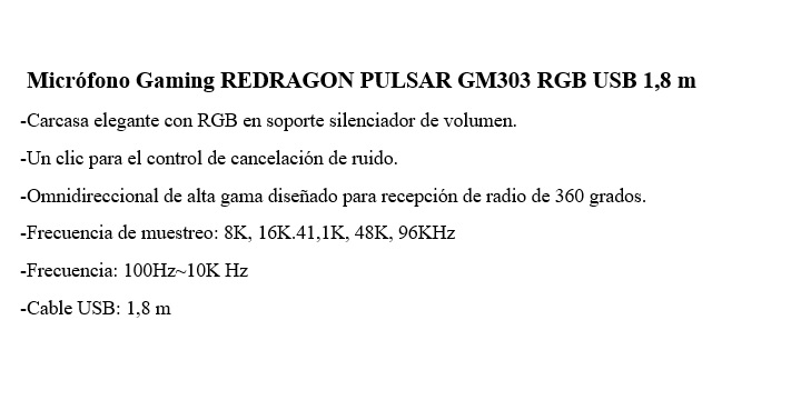 Microfono Gaming REDRAGON PULSAR GM303 RGB USB 1,8 m