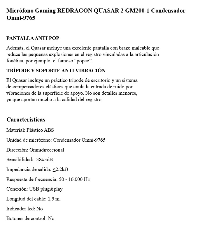 Microfono Gaming REDRAGON QUASAR 2 GM200-1 Condensador Omni-9765