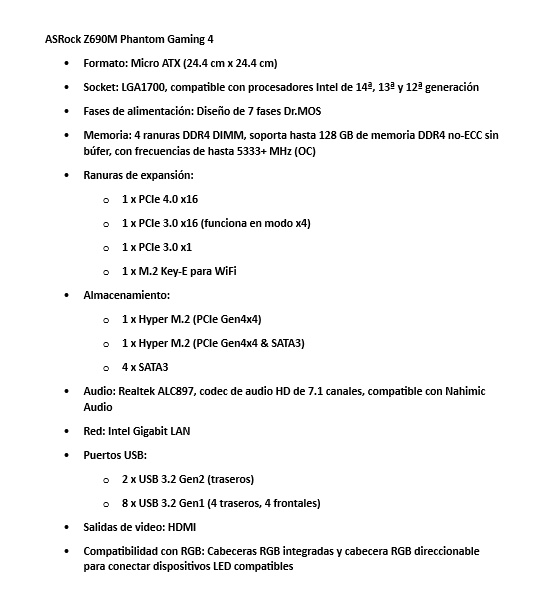 Tarjeta Madre Asrock Z690M Phanton Gaming 4 12va y 13va LGA1700 DDR4 4 slots HDMI M.2 PCIe4.0 USB3.2 mATX