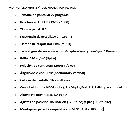 Monitor LED Asus 27" VG279Q1A TUF PLANO/165Hz FHD 1920X1080 1MS/SPEAKERS/DP - HDMI  VG279Q1A
