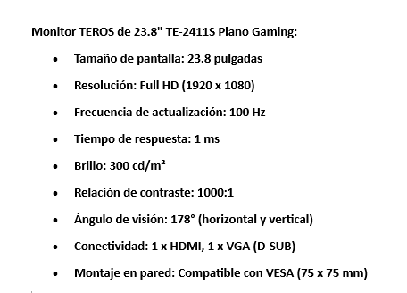 Monitor TEROS de 23.8" TE-2411S Plano / Gaming / 1920X1080 FHD / 100Hz / 1MS / HDMI - VGA