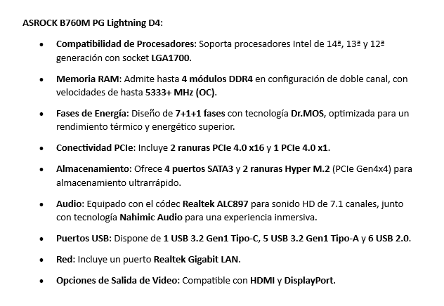 Tarjeta Madre ASROCK B760M PG Lightning D4 14-13-12va LGA1700 DDR4-5333 HDMI DP 2M.2 USB-C PCIe4.0