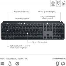 Teclado Logitech Mx Keys S Inalambrico Bluetooth iluminado Español Windows Mac Linux ios android USB-C Grafito 920-011561