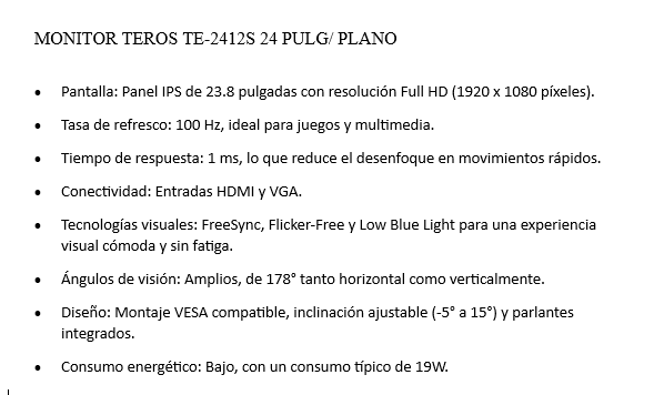 MONITOR TEROS TE-2412S 24 PULG/ PLANO GAMING / 1920X1080 FHD / 100HZ - 1MS / HDMI - VGA