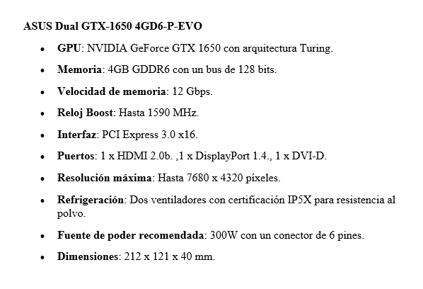 TARJETA DE VIDEO ASUS DUAL GTX-1650 4GD6-P-EVO 4GB DDR6 128bits HDMI DVI-D DP PCI Exp. 3.0 DUAL-GTX1650-4GD6-P-EVO