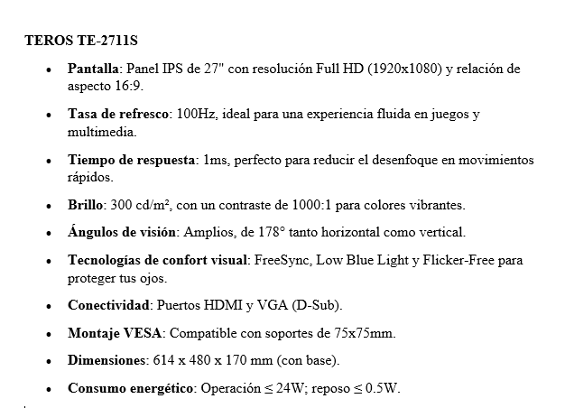 Monitor TEROS de 27" TE-2711S Plano / IPS / Gaming / 1920X1080 / 100HZ / 1MS / Plano