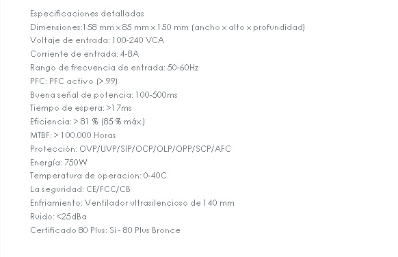 Fuente de Poder Gamemax GP-750 750W 24P-8Pin 110-240V 80 Plus Bronce 216206500008