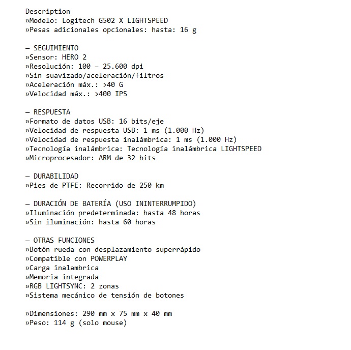 Mouse Logitech Gaming G502 X Wireless LightSpeed Sensor HERO 25K Recargable  910-006178