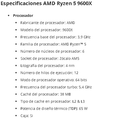Procesador AMD Am5 Ryzen 5 9600X Am5 3.9Ghz hasta 5.4Ghz 6 Core 12Thread 38Mb Cache Cooler Not included 100-100001405WOF