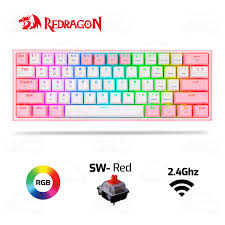 Teclado Gaming Redragon FIZZ PRO K616-RGB BLANCO/ROSADO MECANICO WIRELESS 60% SWITCH ROJO