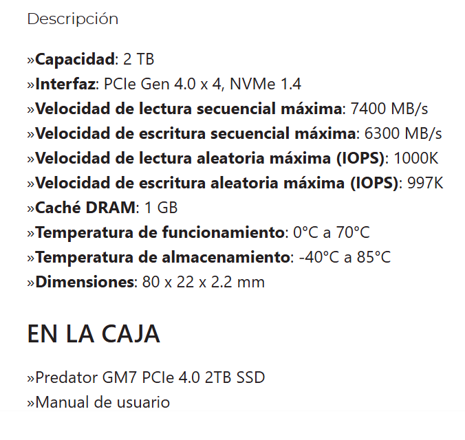 Disco sólido Acer predator GM7 2TB m.2 2280 NVMe PCIe Gen 4x4 Read Speed  7200 MB/s Write Speed  6300 MB/s