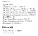 Disco sólido Acer predator GM7 2TB m.2 2280 NVMe PCIe Gen 4x4 Read Speed  7200 MB/s Write Speed  6300 MB/s