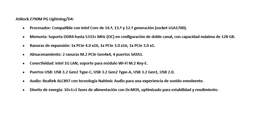 Mbo Asrock Z790M PG Lightning/D4 LGA1700 ddr4 4 slots HDMI 10/100/1000 Lan mATX 90'MXBJW0'A0UAYZ