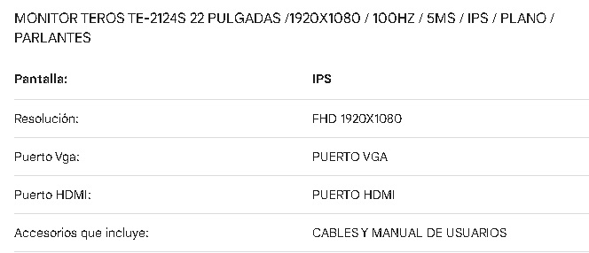 Monitor TEROS de 22" TE-2124S Plano/IPS/1920X1080/100HZ/5MS