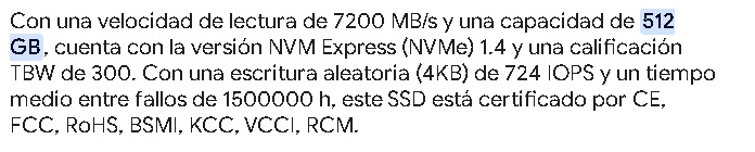 Disco sólido Acer predator GM7 512GB PCIE GEN4 M.2 2280 7200MBS