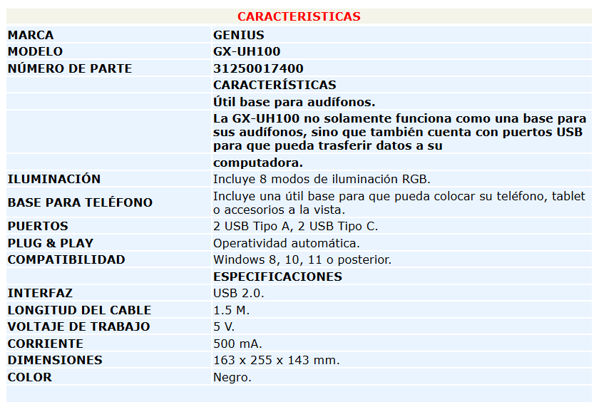 Soporte Stand Genius de Audifono GX-UH100 RGB Light con 4P USB (2 Tipo A y 2 Tipo C)