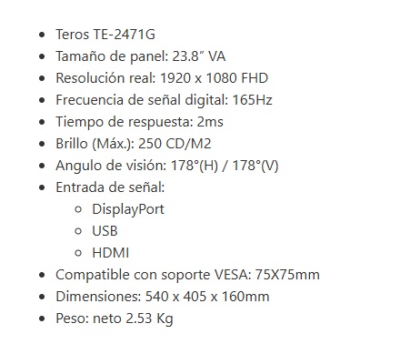 Monitor TEROS de 24" TE-2471G Curvo/1920X1080 / 165HZ / 2MS / DPORT-HDMI