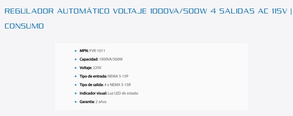 Regulador Forza FVR Series FVR-1011 4 Tomas 1000VA/500w 120V