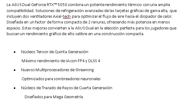 Tarjeta de Video Asus Dual RTX-5050 8Gb Oc Edition Gddr6 128bit 1hdmi 3dp 2vent Pcie 5.0 DUAL-RTX5050-O8G