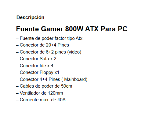 Fuente De Poder Speedmind PS-800W ATX 800 Watts  24 Pines