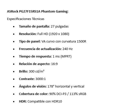 Monitor LED Asrock Gamer PG27F15RS1A 27 inch curvo FHD (1920 x 1080) 240Hz 1ms HDMI Display Port