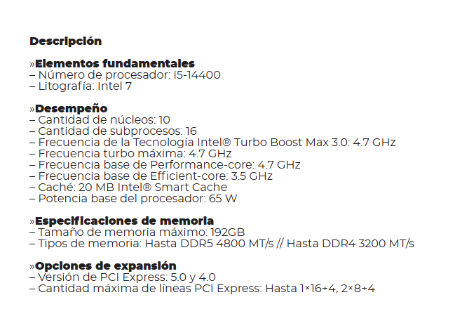 Procesador Intel Core I5-14400 14gen 2.50-4.70ghz nucleo - 16 Hilos 20mb Ddr5-4800 Uhd770 TDP 65w/148w FCLGA1700 14va Generacion