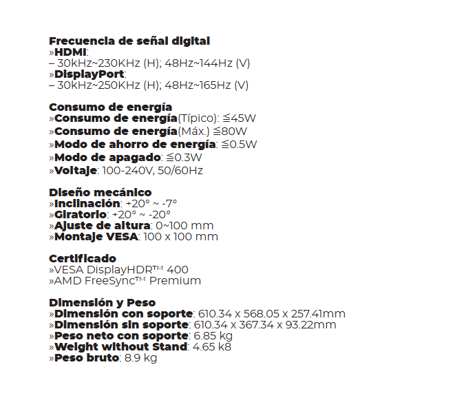 Monitor Asrock gamer PG27Q15R2A 27 inch LED curvo QHD (2560 x 1440) 165Hz 1ms HDMI Display Port WiFi