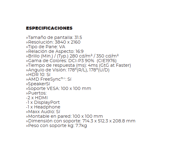 Monitor Lg 31.5inc 4k Uhd Led Va 2hdmi Dp 60hz Hdr10 Freesync 32UN500-W