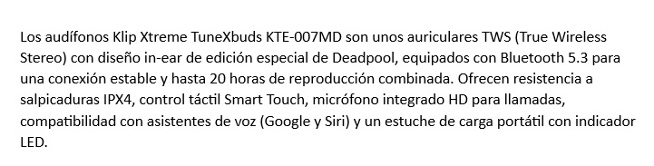 AUDIFONO + MICROFONO TUNEXBUDS KLIP XTREME KTE-007MD DEADPOOL INEAR BLUETOOTH - 20H