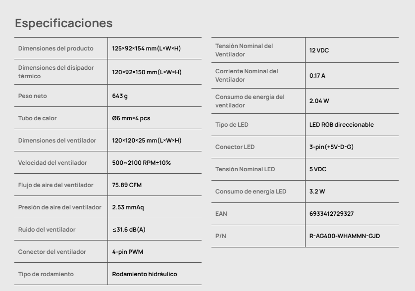 COOLER POR AIRE DEEPCOOL AG400 WH ARGB Series GAMMAXX LGA 1700/1200/115X/  AMD AM4/AM5