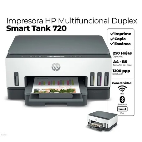 Impresora HP Color Multif Smart Tank 720 Wireless Usb2,0 Wifi Bluetooth 4800x1200dpi Negro