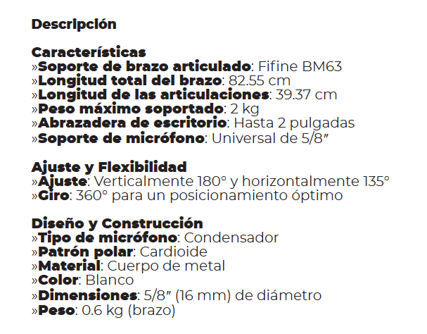 Soporte de Microfono con brazo articulado FIFINE BM63 15.5Inch resortes Incorporados Cap. 2kg Negro