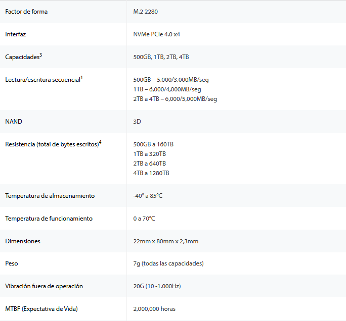 SSD Kingston NV3 M.2 de 1Tb NVME SNV3S-1000G 2280  PCIe 4.0 x 4 NVMe 6000-4000MB-s NAND 3D