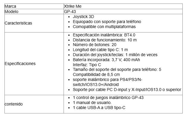 Gamepad Para Pc Xtrike Me GP-43 Wired Pc/WIRELESS /BLUETOOTH 4.0/BATERIA 400MAH DE 3.7V/SOPORTE PARA TELEFONO/ 0111401
