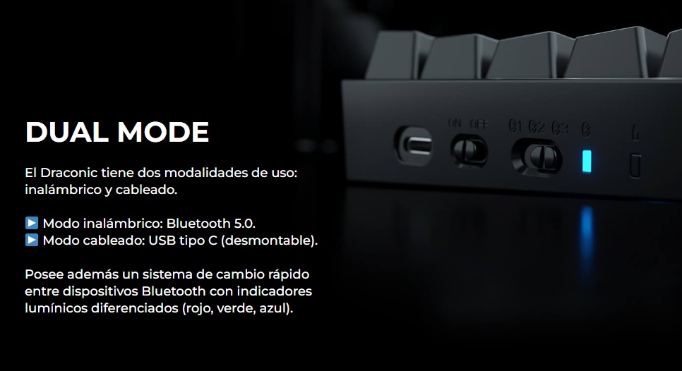 Teclado Gaming Redragon DRACONIC PRO K530-OG&GY&BK-RGB-PRO WIRELESS 60% SWITCH BROW Wired / 2.4Ghz / BT