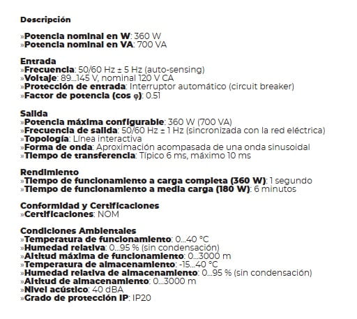 UPS APC BVX700LU-LM INTERACTIVO EASY UPS 700va/360w 4 TOMAS + 1USB